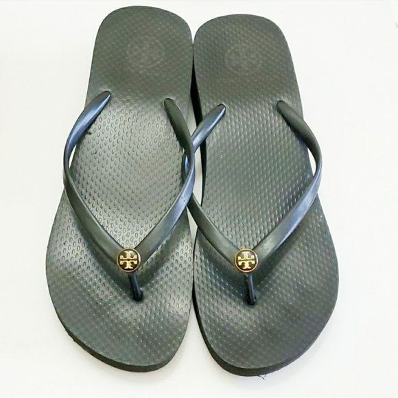 Tory Burch Black Wedge Flip Flops. Size 8.